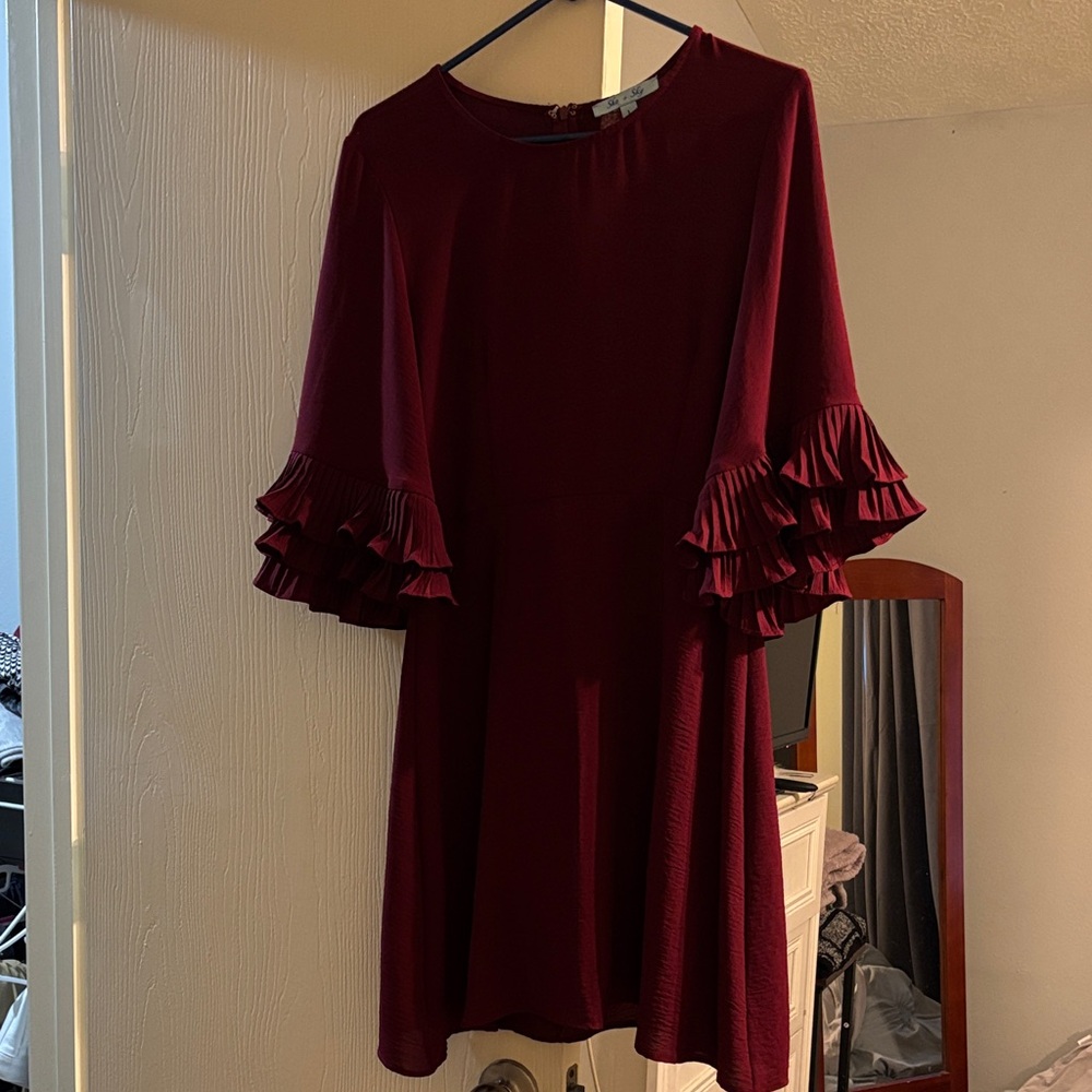 She + Sky Burgundy Long Sleeve Dress with Ruffles